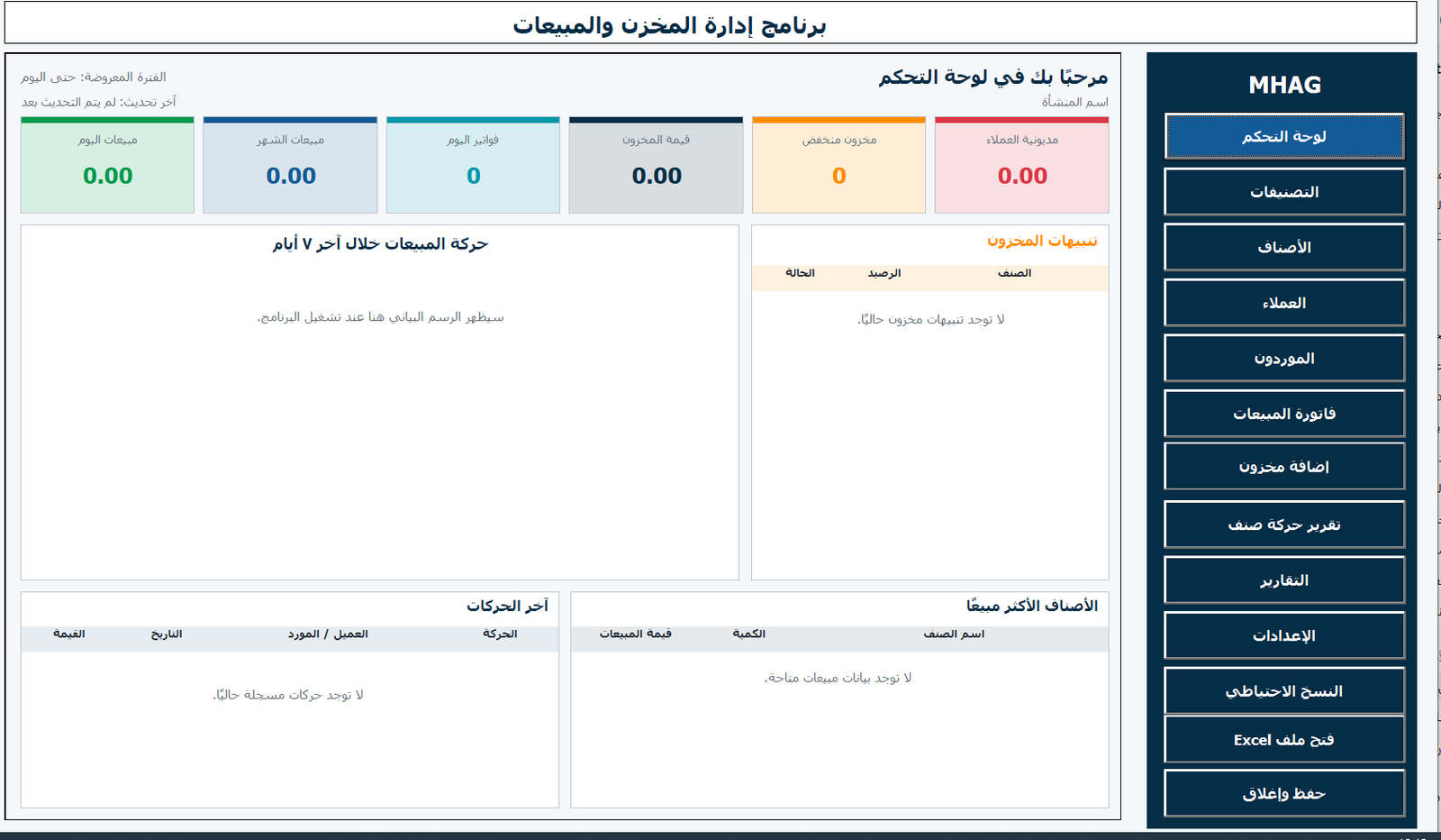 لوحة التحكم في برنامج إدارة المخزون والمبيعات